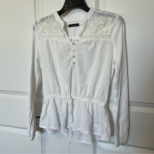 100% Cotton Gauze Blouse Cinched Tie Waist, Embroidered Prairie Peasant Blouse